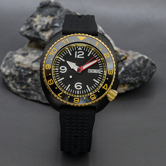 KARAJAN Mod Black Turtle Dive Watch with Gold Bezel