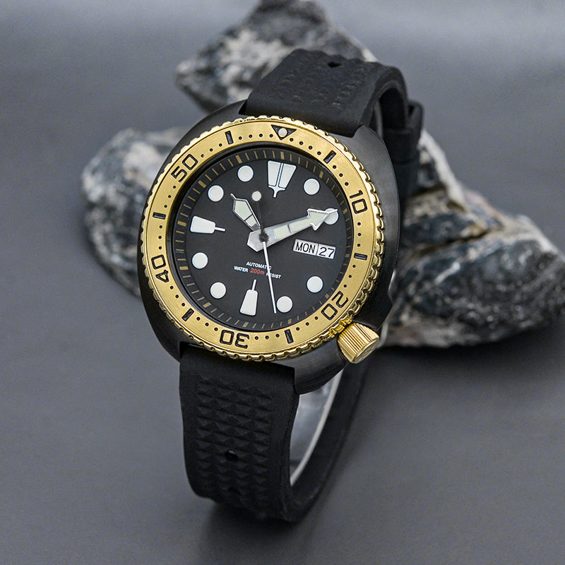 KARAJAN Mod Black Turtle Dive Watch with Gold Bezel
