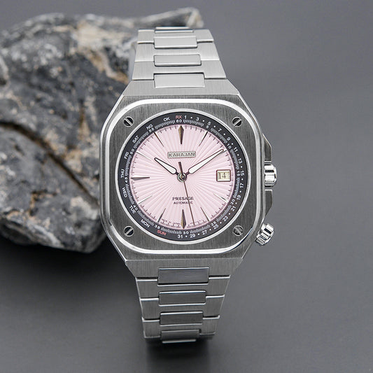 Silver Nautilus Watch with Pink Dial