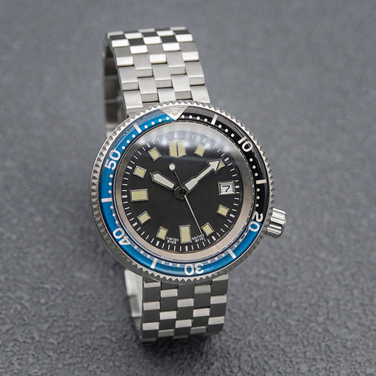 KARAJAN Mod Silver Tuna Black Dive Watch with Blue Bezel Insert