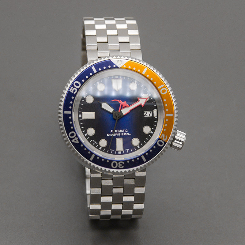 KARAJAN Mod Silver Tuna Black Dive Watch with Blue Bezel Insert