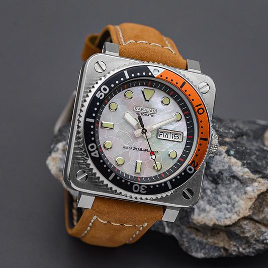 W1025 Silver Automatic Dive Watch with Leather Strap