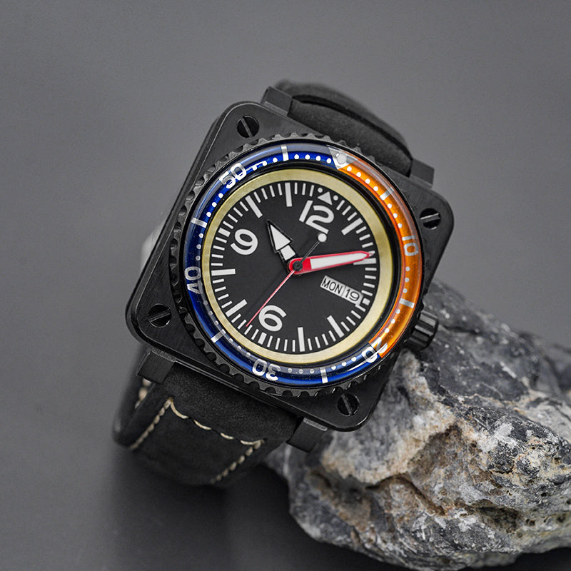 W1031 Orange Automatic Dive Watch with Leather Strap