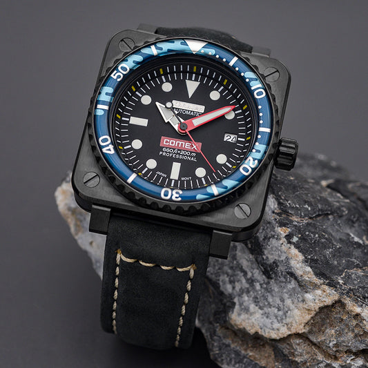 W1030 Black Automatic Dive Watch with Leather Strap