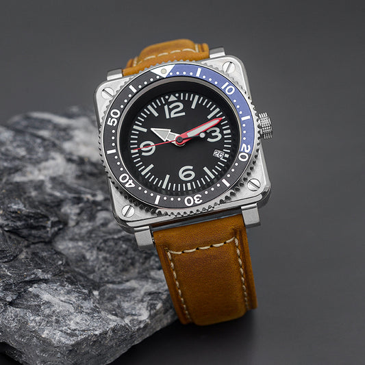 W1028 Black-Green Pink Automatic Dive Watch with Leather Strap