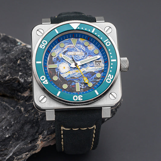 W1020 Black Pink Automatic Dive Watch with Leather Strap