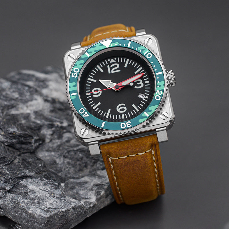 W1028 Black-Green Pink Automatic Dive Watch with Leather Strap