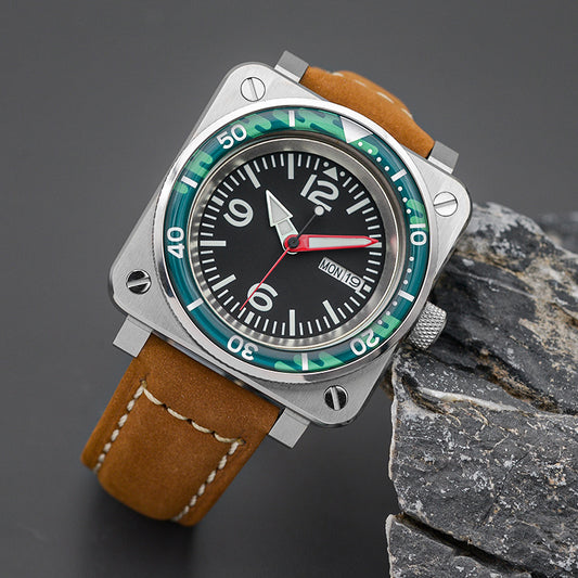 W1018 Dark Red Automatic Dive Watch with Leather Strap