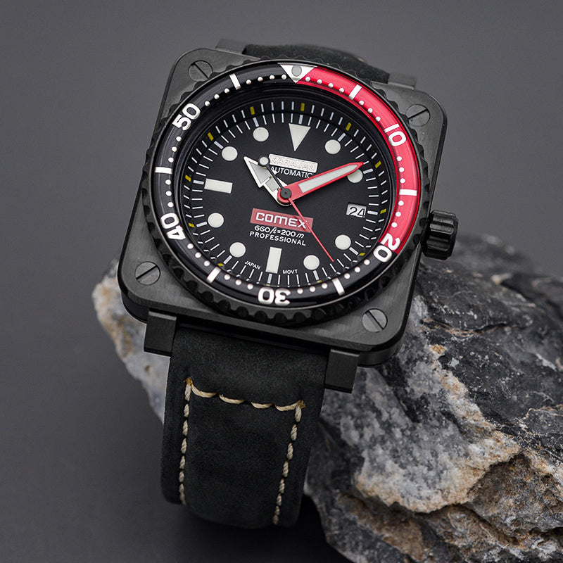 W1030 Black Automatic Dive Watch with Leather Strap