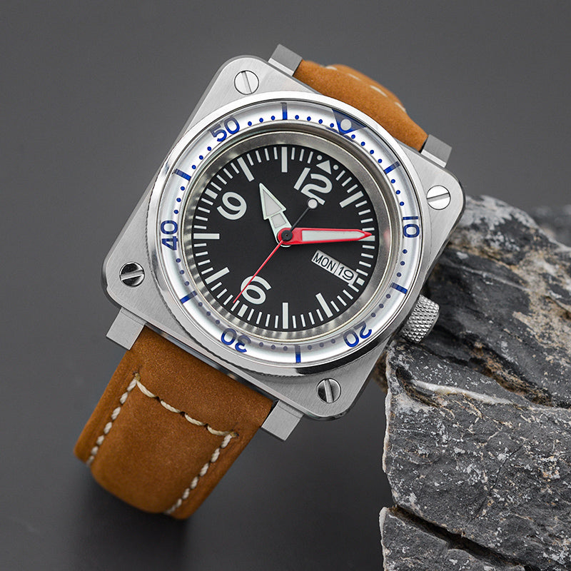 W1018 Dark Red Automatic Dive Watch with Leather Strap