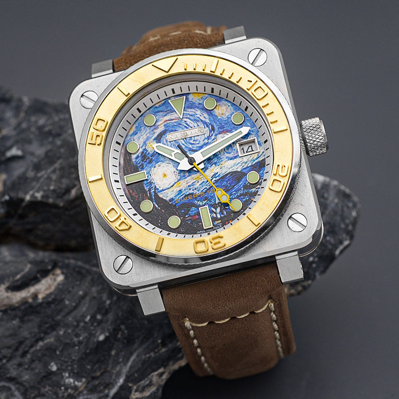 W1020 Black Pink Automatic Dive Watch with Leather Strap