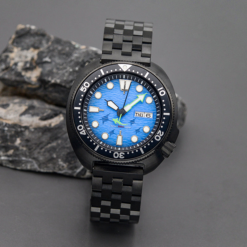 KARAJAN Mod Black Turtle Dive Watch with Sea Blue Dial