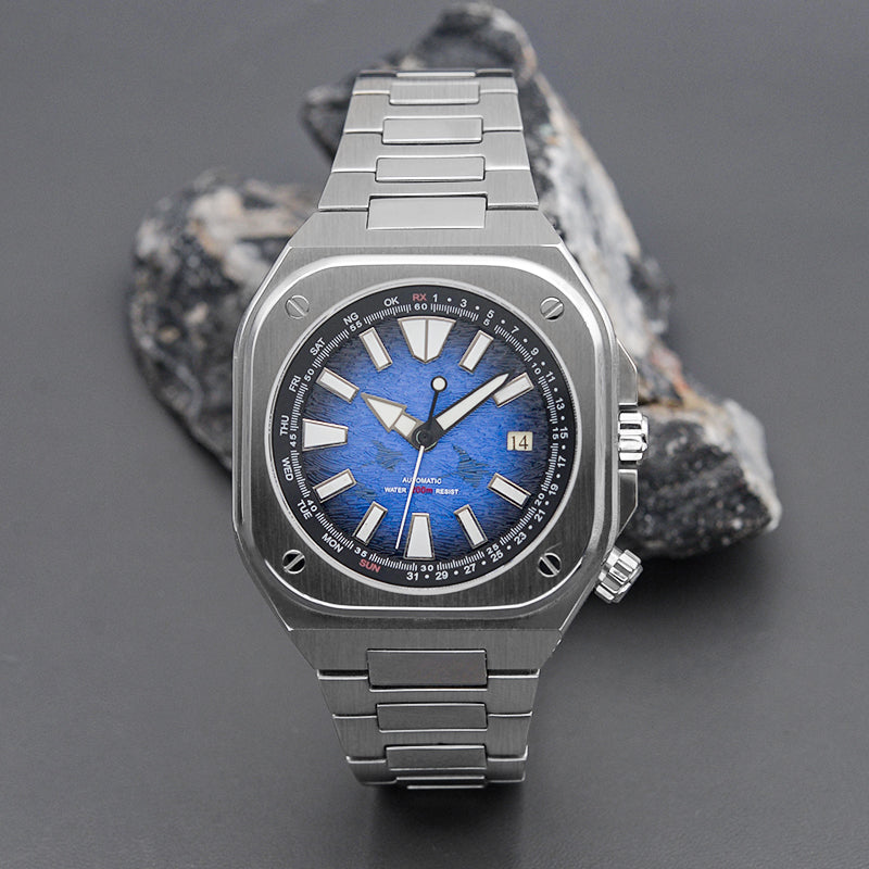 Silver Nautilus Watch with Blue Dial