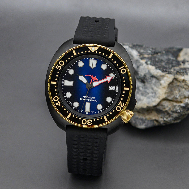 KARAJAN Mod Black Turtle Dive Watch with Gold Bezel Insert