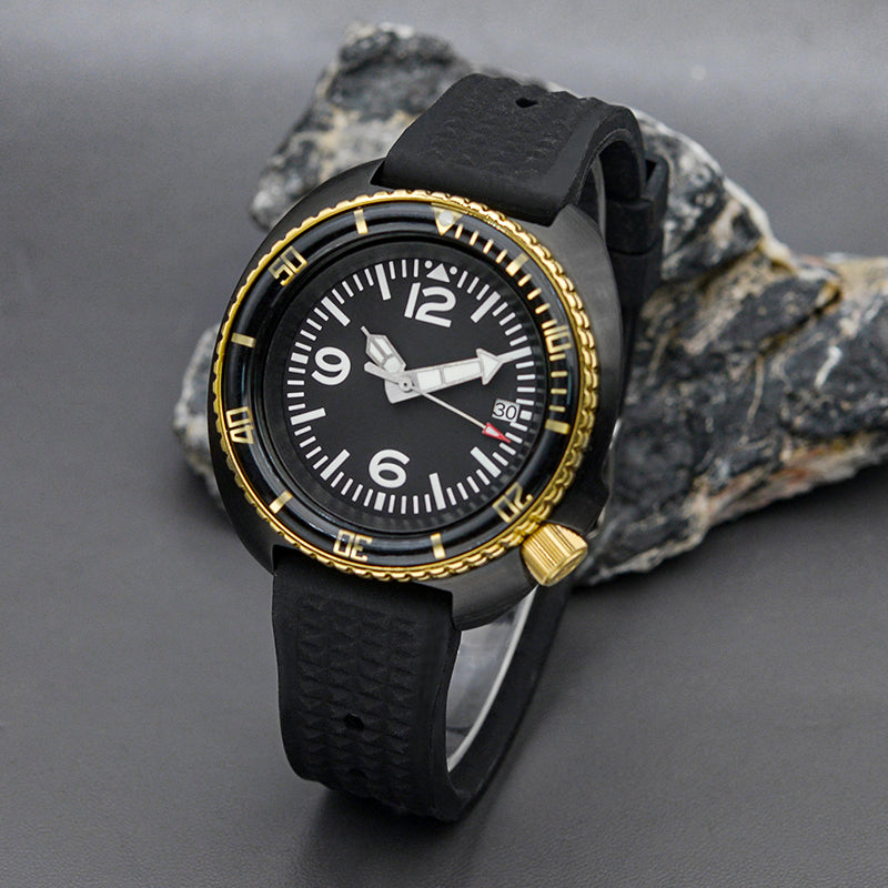 KARAJAN Mod Black Turtle Dive Watch with Gold Bezel Insert