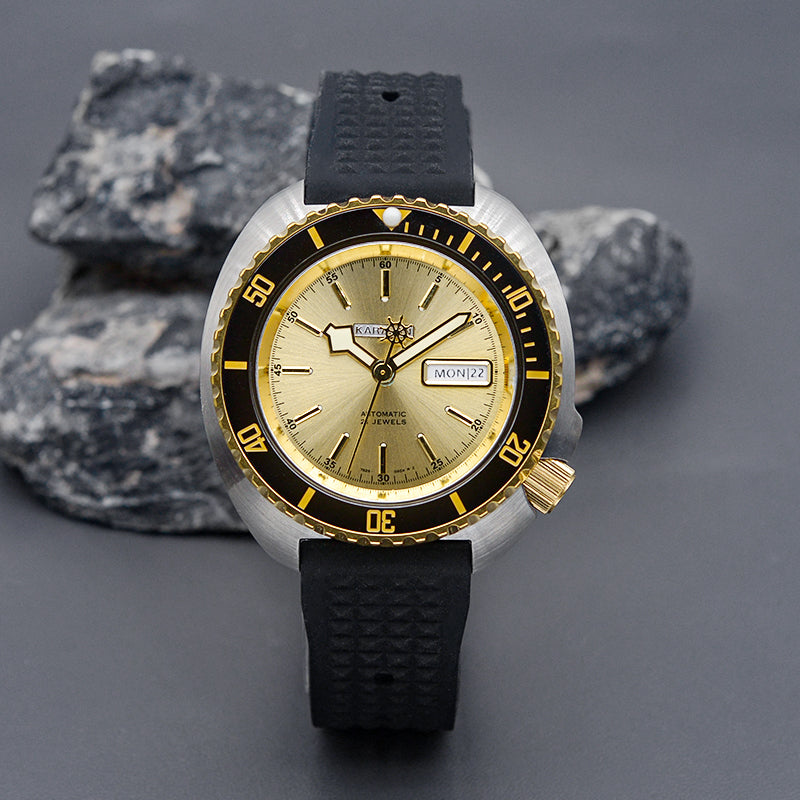 KARAJAN Mod Silver Turtle Dive Watch with Gold Dial