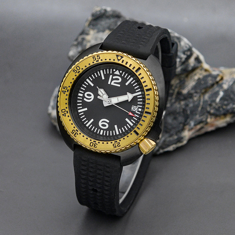 KARAJAN Mod Black Turtle Dive Watch with Gold Bezel Insert