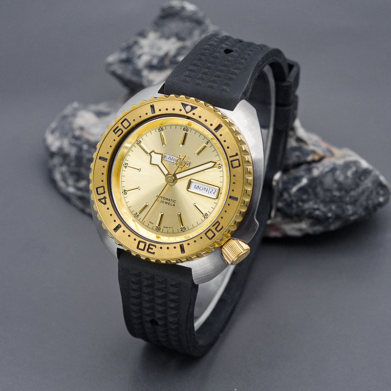 KARAJAN Mod Silver Turtle Dive Watch with Gold Dial