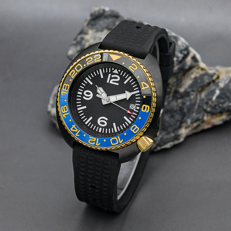 KARAJAN Mod Black Turtle Dive Watch with Gold Bezel Insert