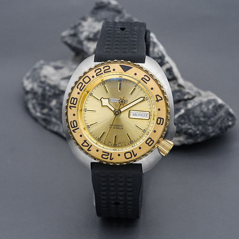 KARAJAN Mod Silver Turtle Dive Watch with Gold Dial