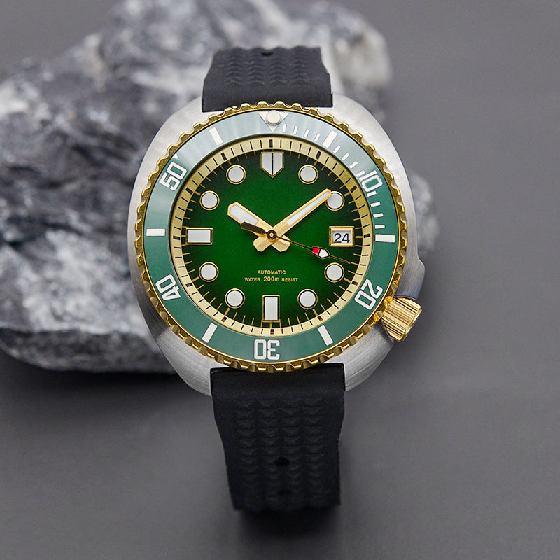 KARAJAN Mod Silver Turtle Dive Watch with Gold Bezel