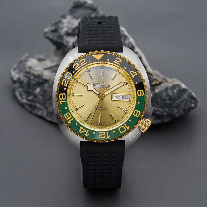 KARAJAN Mod Silver Turtle Dive Watch with Gold Dial