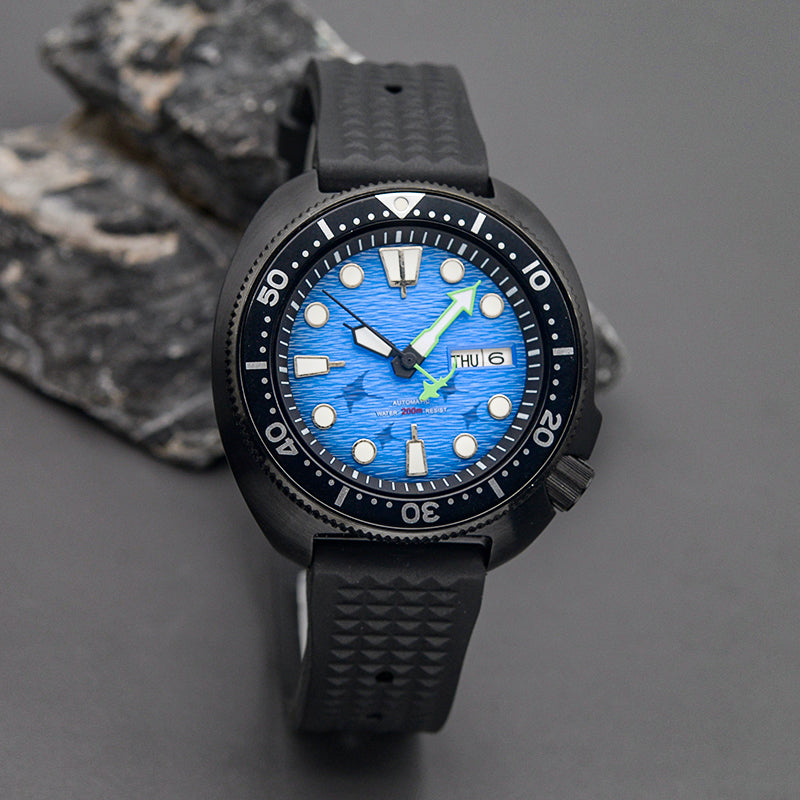 KARAJAN Mod Black Turtle Dive Watch with Blue Dial