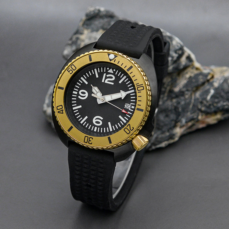 KARAJAN Mod Black Turtle Dive Watch with Gold Bezel Insert