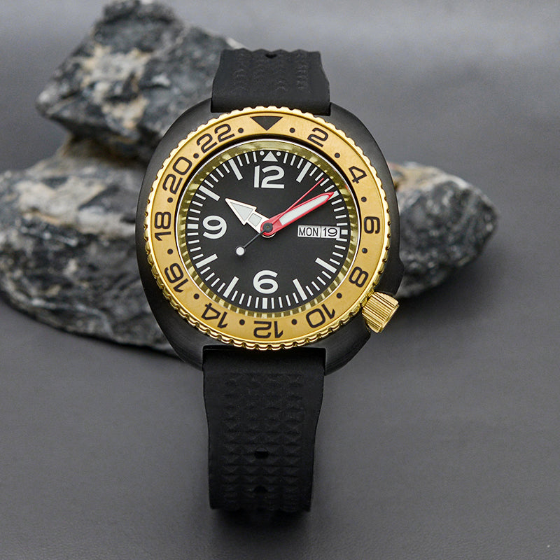 KARAJAN Mod Black Turtle Dive Watch with Gold Bezel Insert