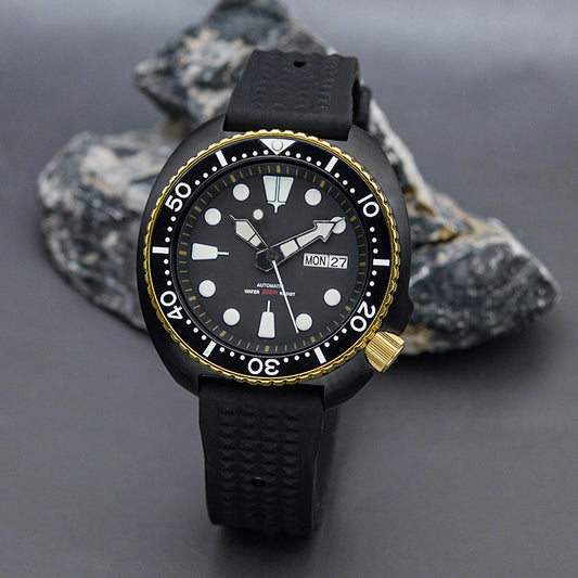 KARAJAN Mod Black Turtle Dive Watch with Gold Bezel