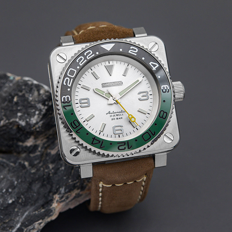 Silver Square Case KARAJAN Mod Watch With Green Insert