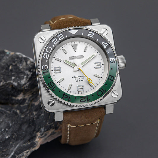 Silver Square Case KARAJAN Mod Watch With Green Insert