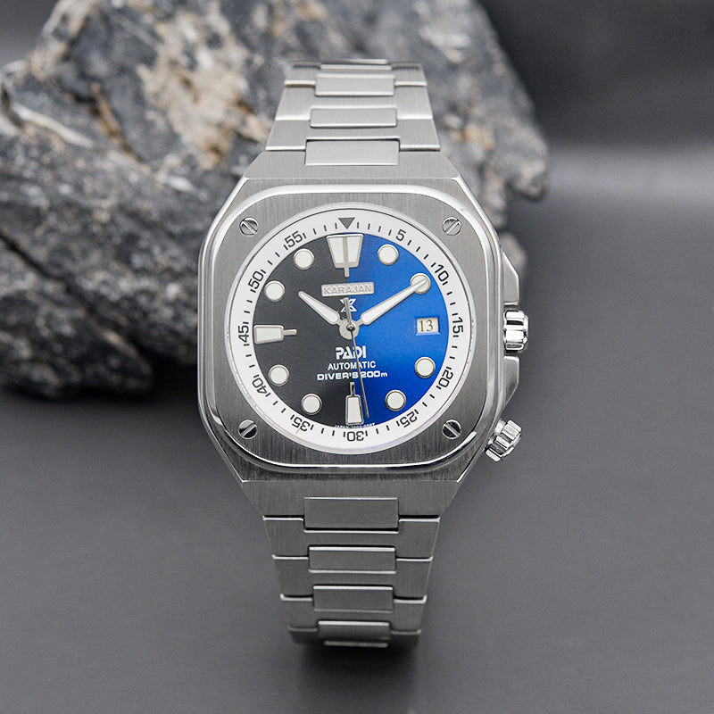 Silver Nautilus Watch with Black Blue Dial