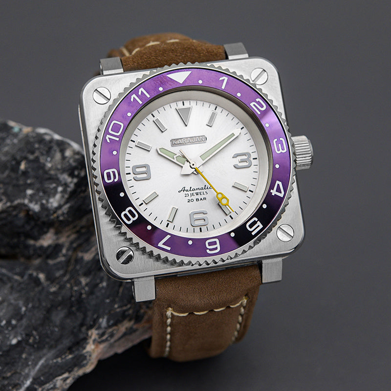 Silver Square Case KARAJAN Mod Watch With Ceramic Purple Insert