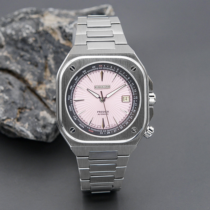 Silver Nautilus Watch with Pink Dial