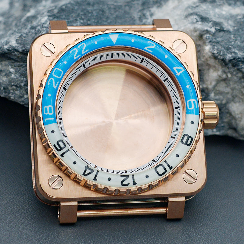 RoseGold Blue Square Case with Coin Edge Bezel Watch Case Set