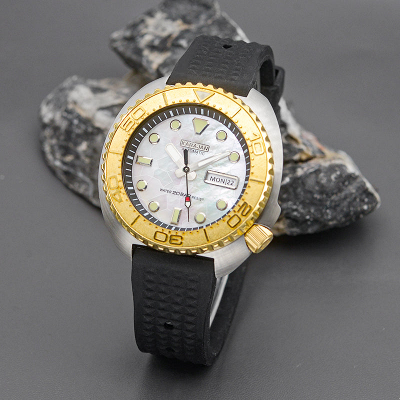 Shell Dial Watch KARAJAN Mod Silver Turtle Dive Watch with Shell Dial