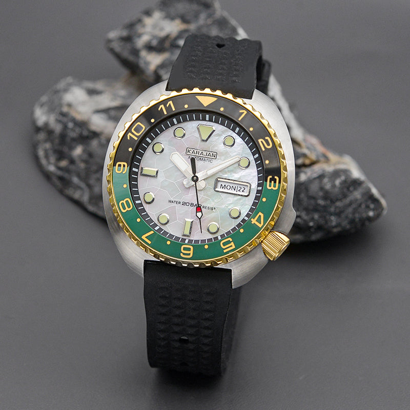 Shell Dial Watch KARAJAN Mod Silver Turtle Dive Watch with Shell Dial