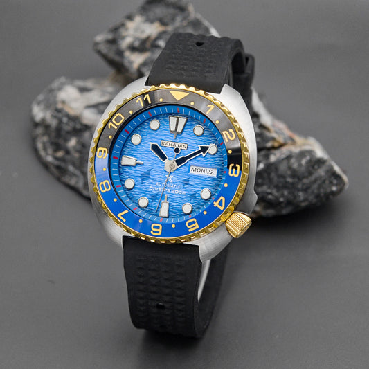 KARAJAN Mod Silver Turtle Dive Watch with Sea Blue Dial