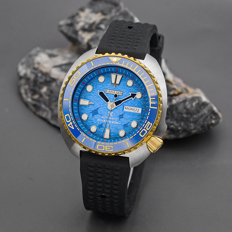 KARAJAN Mod Silver Turtle Dive Watch with Sea Blue Dial