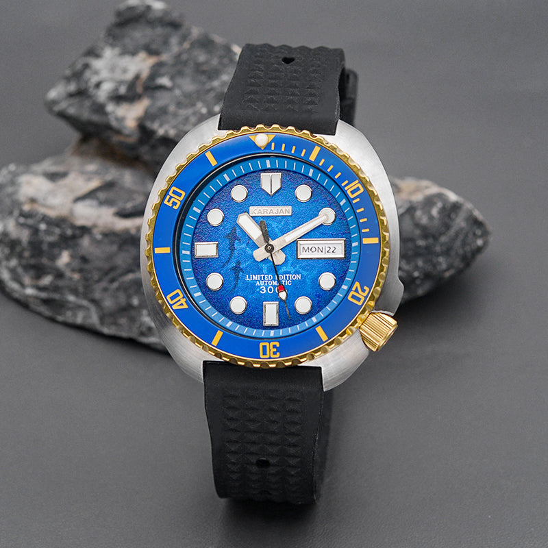 KARAJAN Mod Silver Turtle Dive Watch with Sea Blue Dial