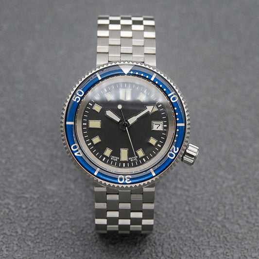 KARAJAN Mod Silver Tuna Black Dive Watch with Blue Bezel Insert