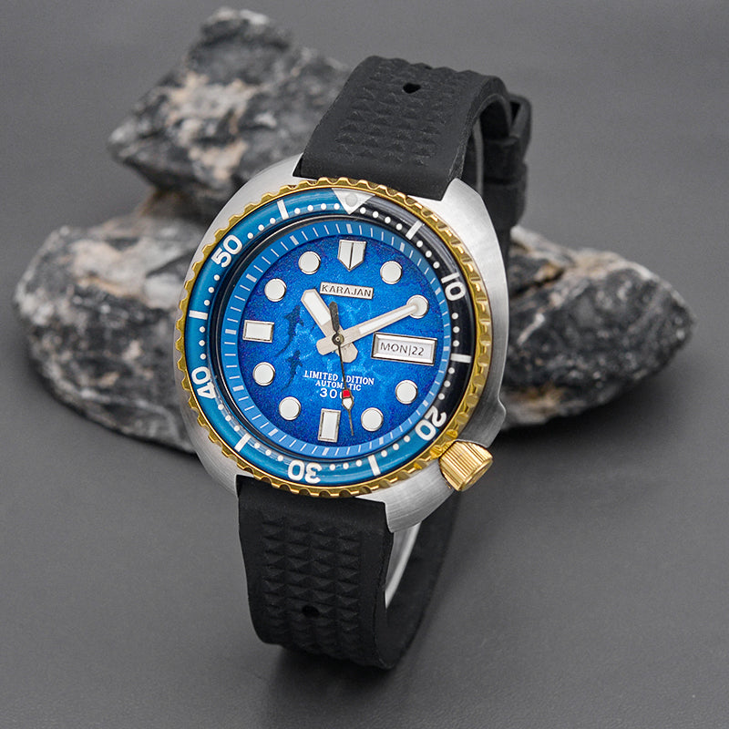 KARAJAN Mod Silver Turtle Dive Watch with Sea Blue Dial