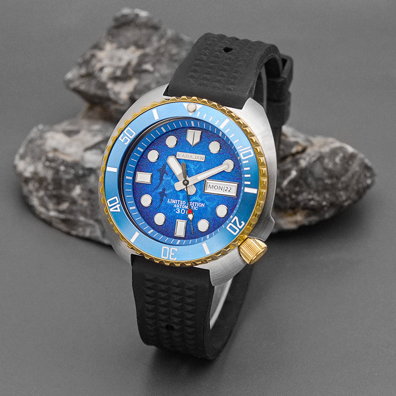 KARAJAN Mod Silver Turtle Dive Watch with Sea Blue Dial