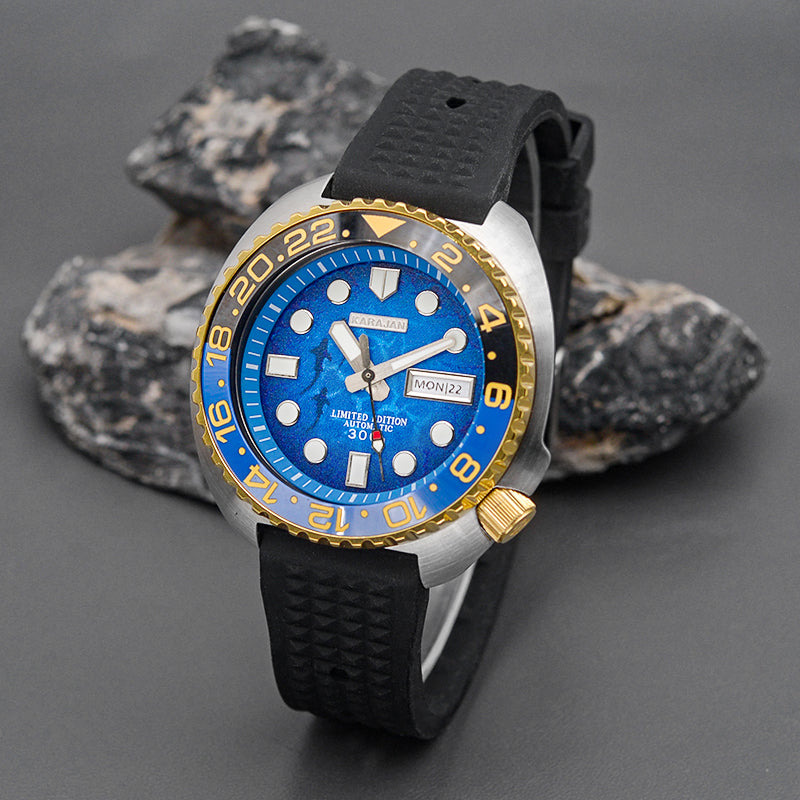 KARAJAN Mod Silver Turtle Dive Watch with Sea Blue Dial