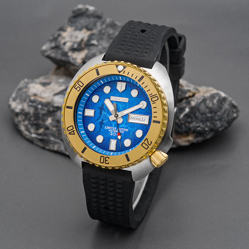 KARAJAN Mod Silver Turtle Dive Watch with Sea Blue Dial