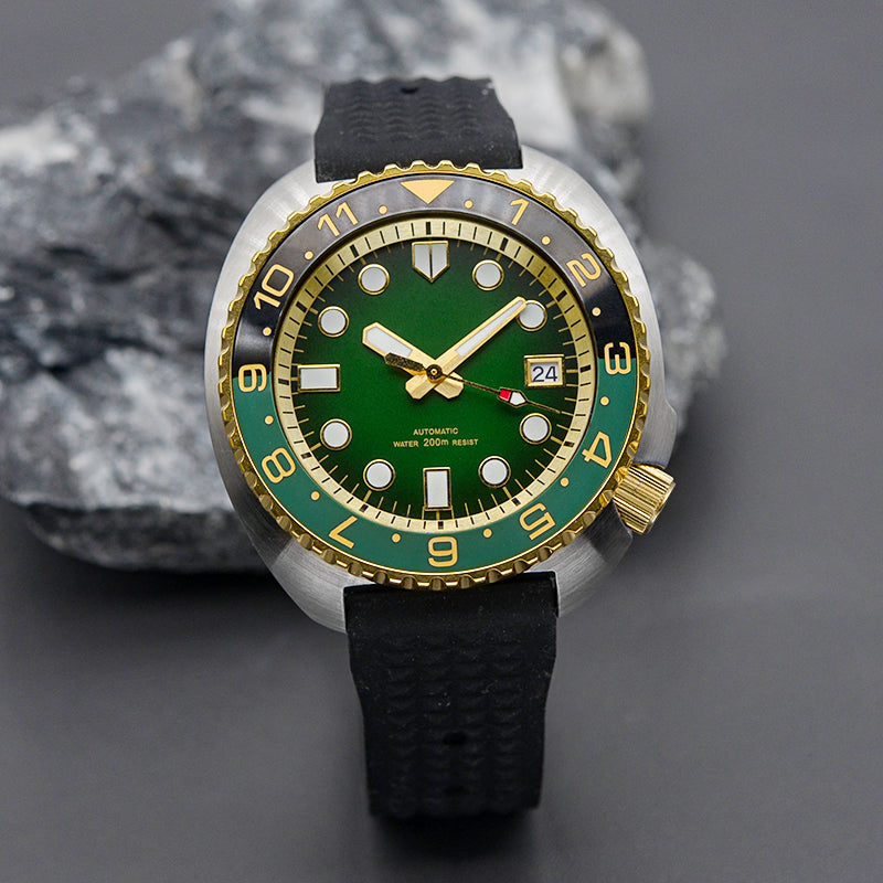 KARAJAN Mod Silver Turtle Dive Watch with Gold Bezel