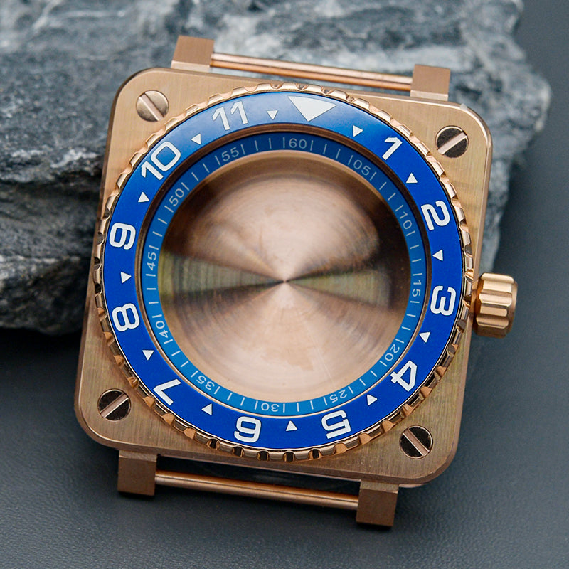 RoseGold Blue Square Case with Coin Edge Bezel Watch Case Set