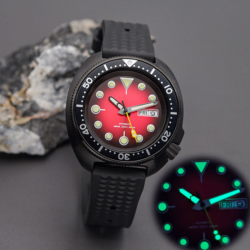 KARAJAN Mod Black Turtle Dive Watch with Red Dial