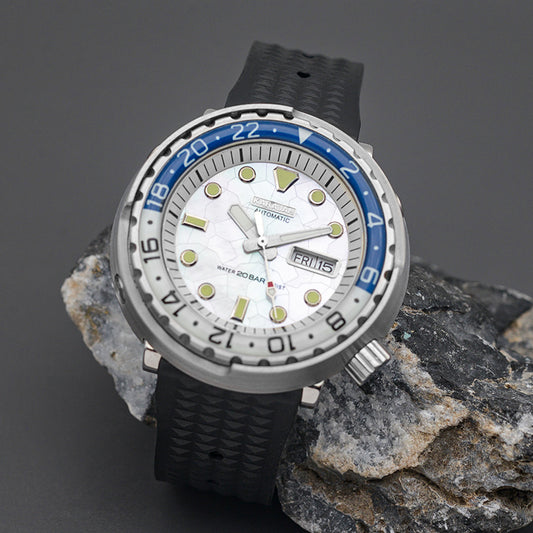 W1001 Silver-Blue Automatic Dive Watch with Rubber Strap